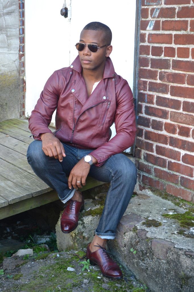 Sabir Peele in Oxblood Leather Jacket from Urban Outfitters