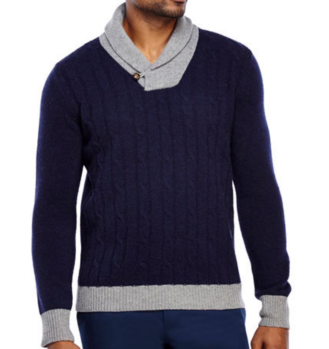 Barque New York navy shawl collar cable knit wool