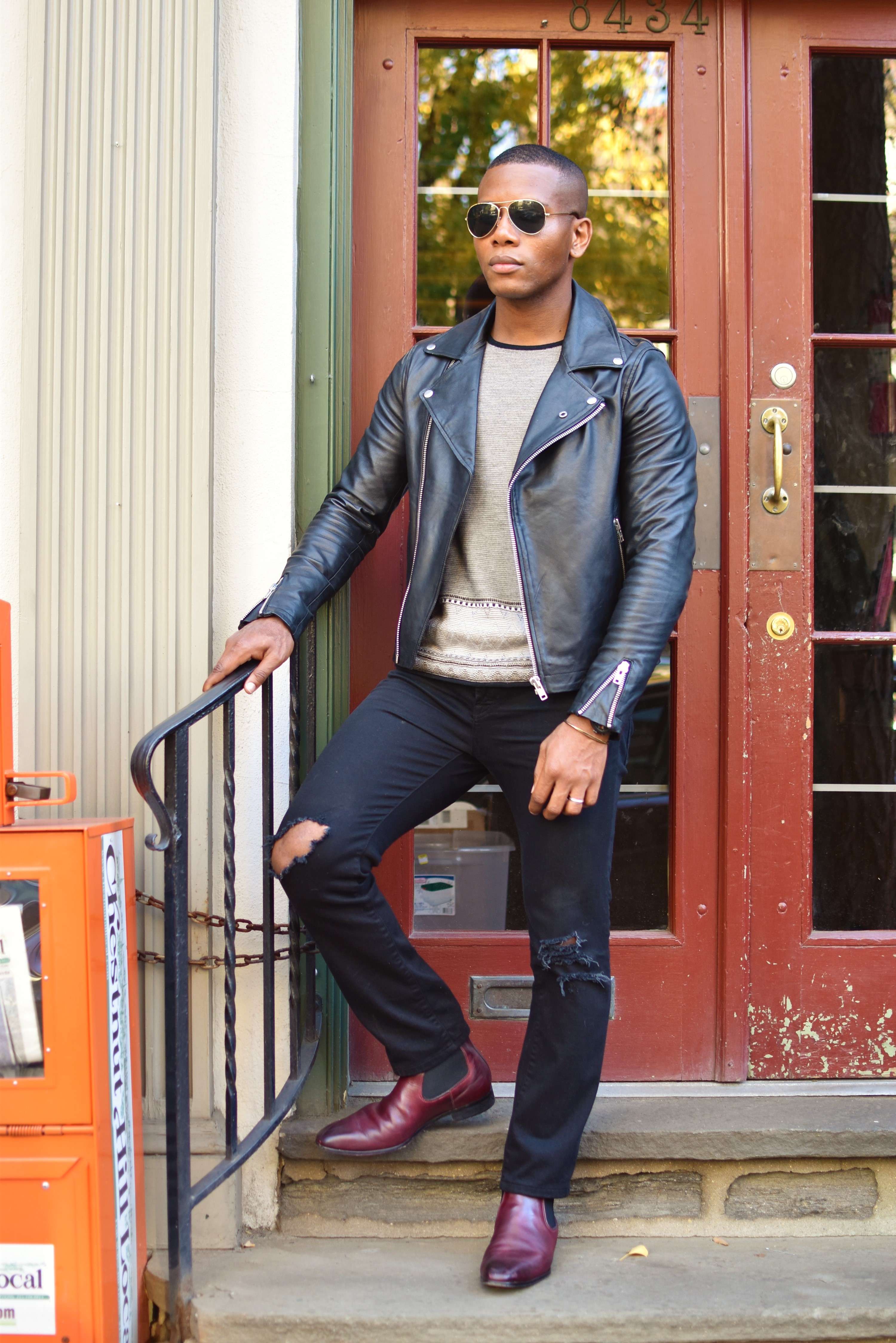 Sabir M. Peele of Men's Style Pro in Topman Black Leather Jacket