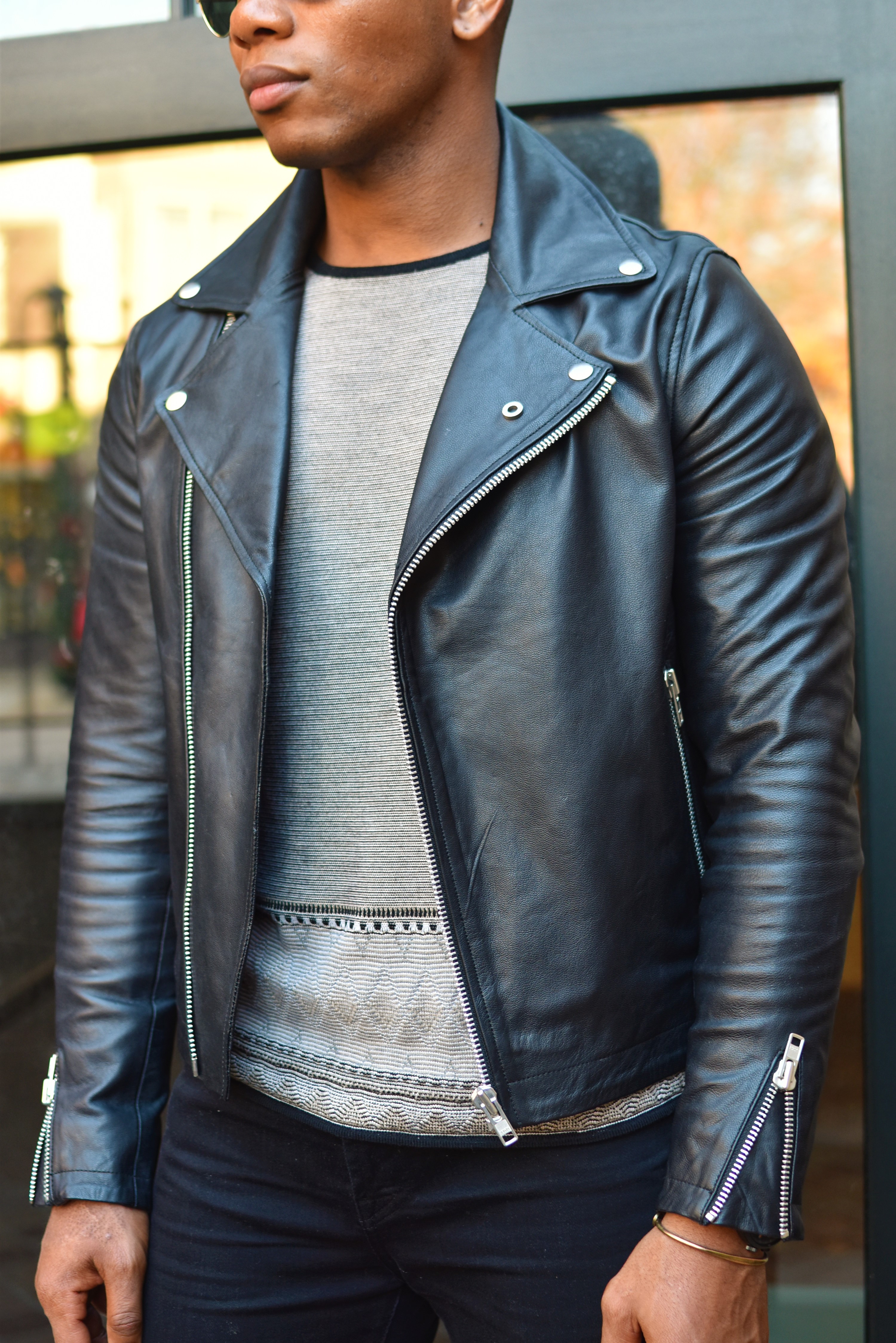 Sabir M. Peele of Men's Style Pro in Topman Black Leather Jacket