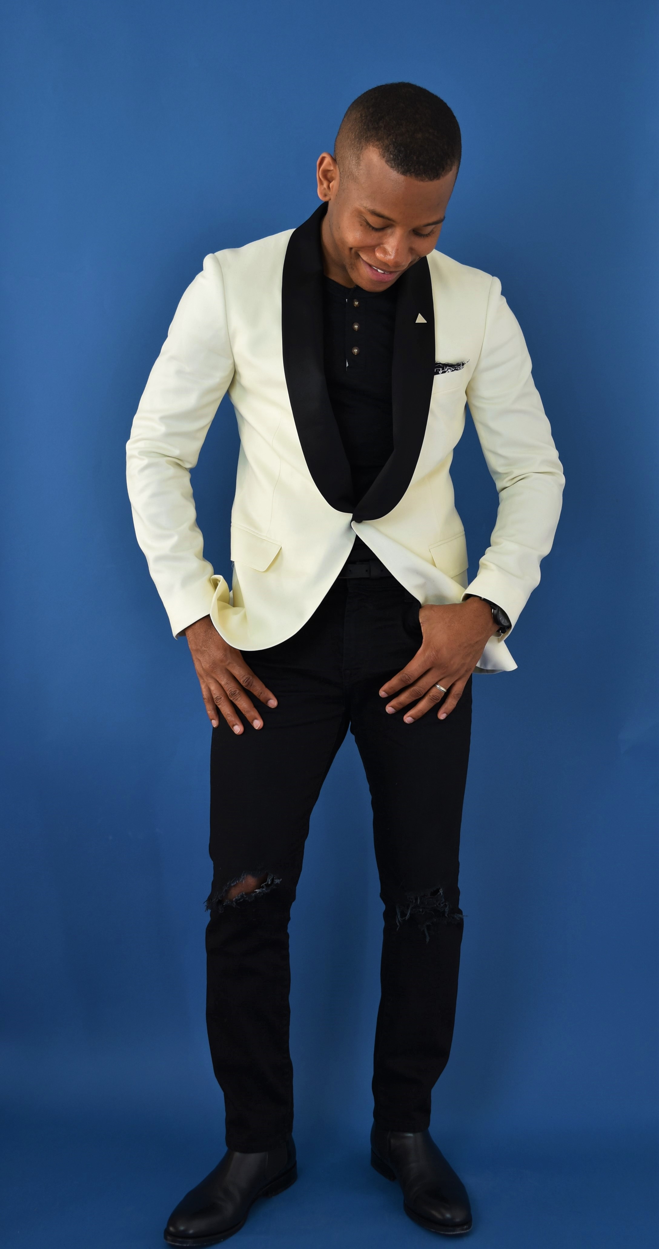 Sabir M. Peele of Men's Style Pro wearing Bonobos Ivory Flannel Tuxedo Jacket
