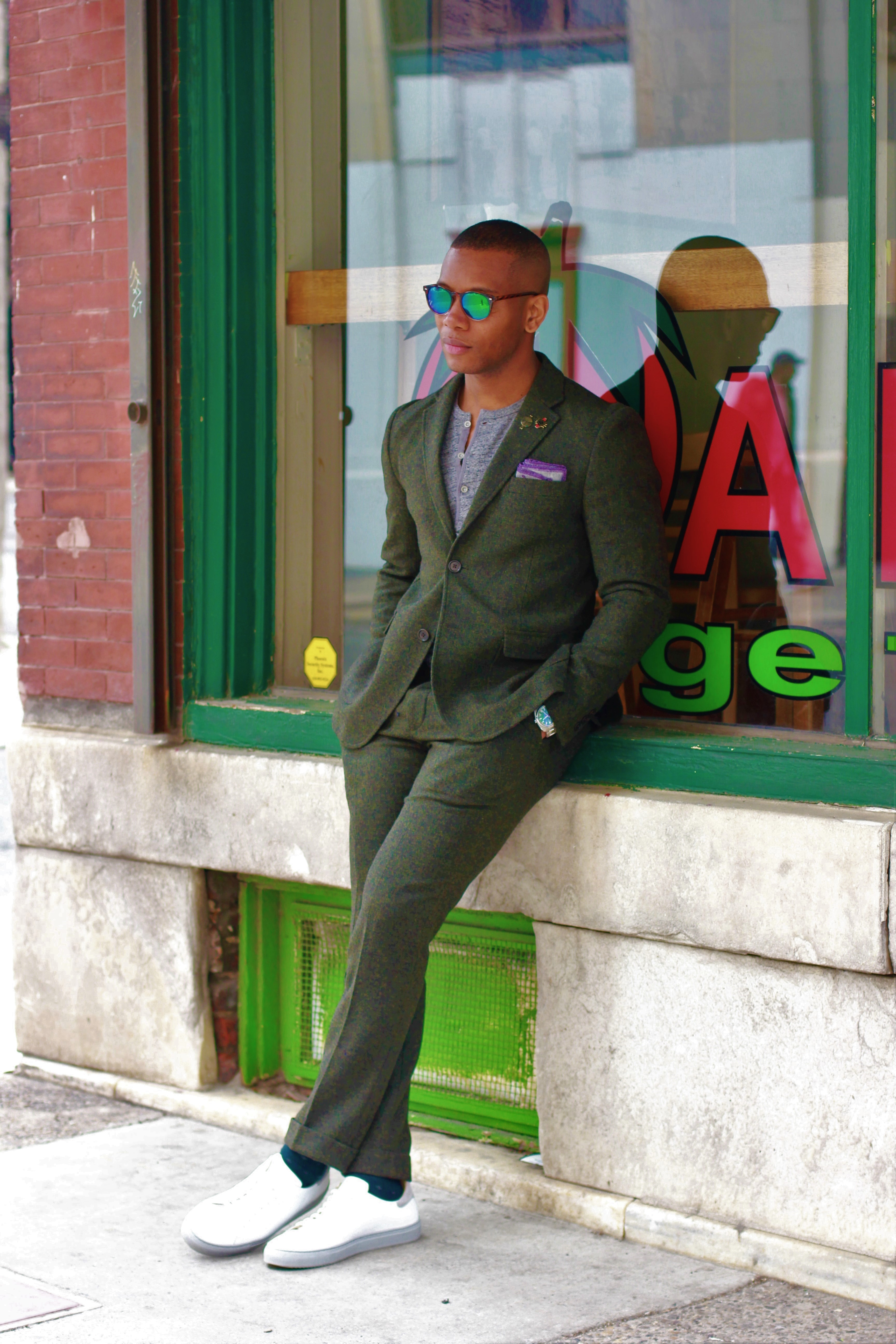 Sabir M. Peele of Men's Style Pro in Frank & Oak Green Tweed Suit