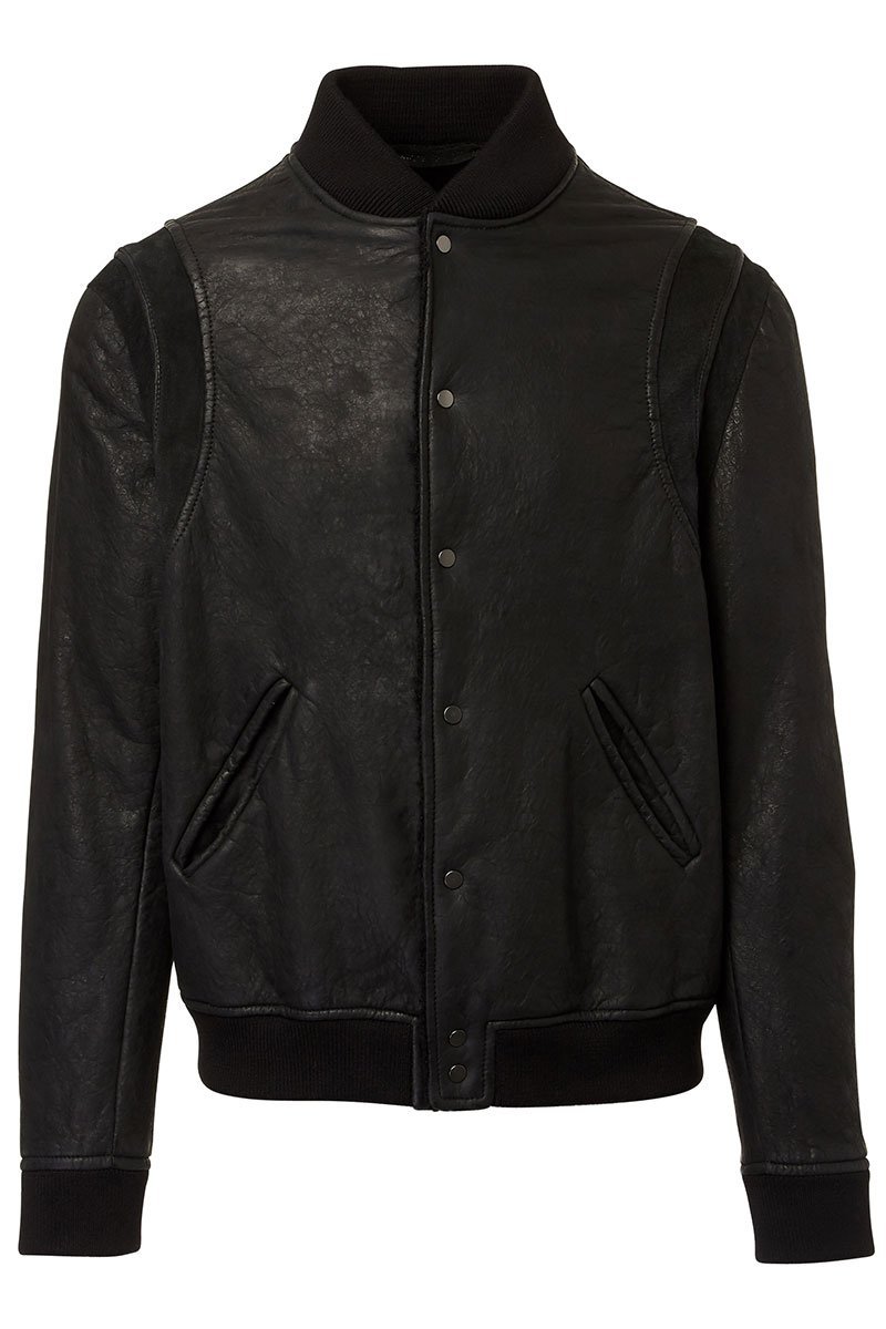 Salvatore Santora Black Leather Varsity Jacket via Boyd's Philadelphia