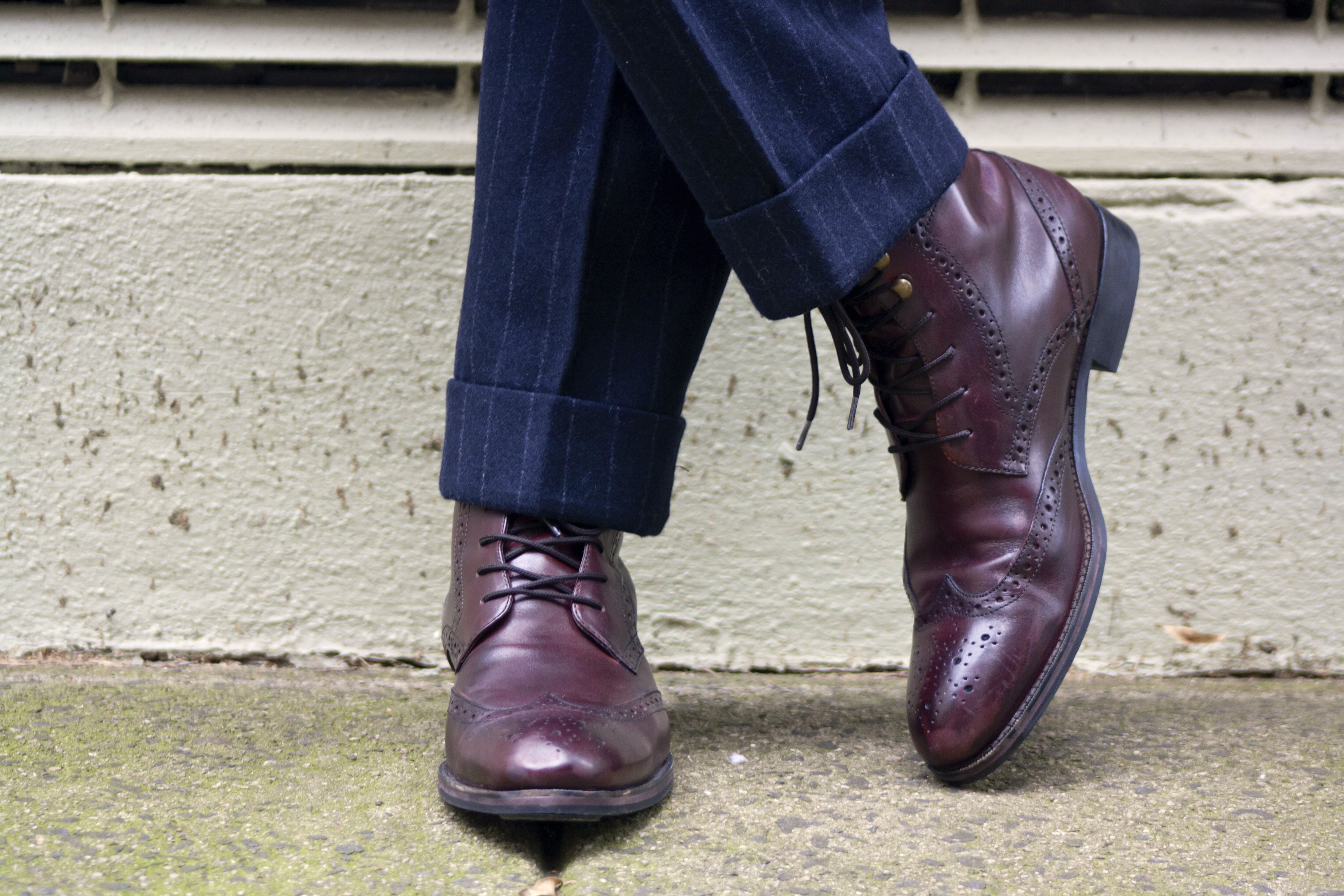 Men's Style Pro in Jack Wills Darrock Chalk Stripe Suit & Johnston & Murphy Tyndall Wingtip Oxblood Boots