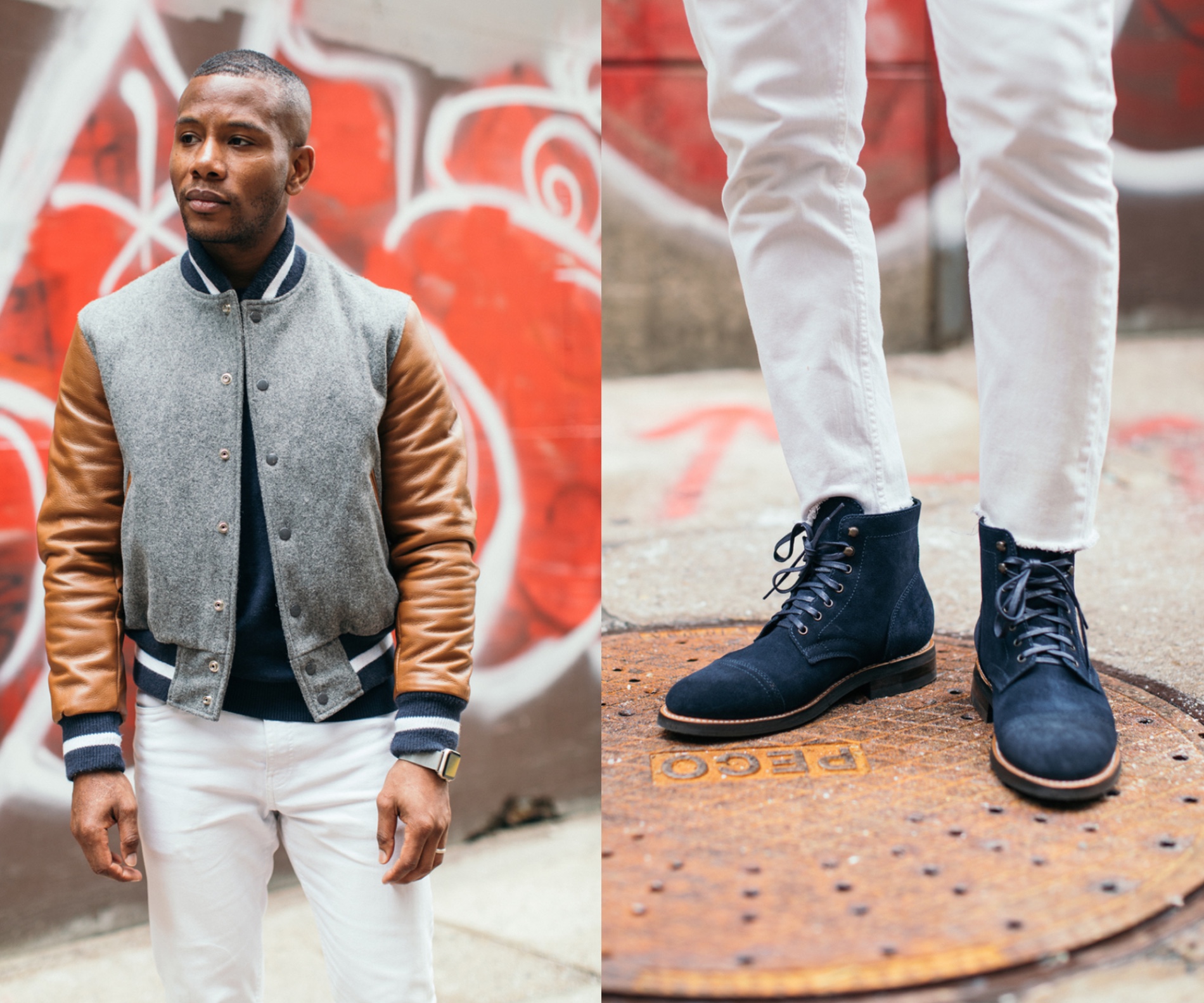 Sabir M. Peele of Men's Style Pro Ps & Qs Varsity Jacket and boots
